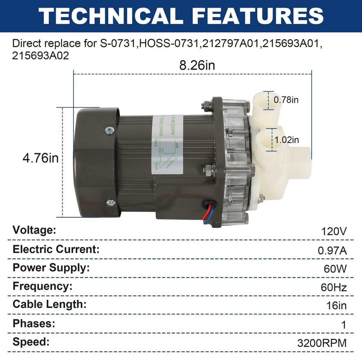 Ice machine water pump motor assembly with white plastic pump body and metal drive housing