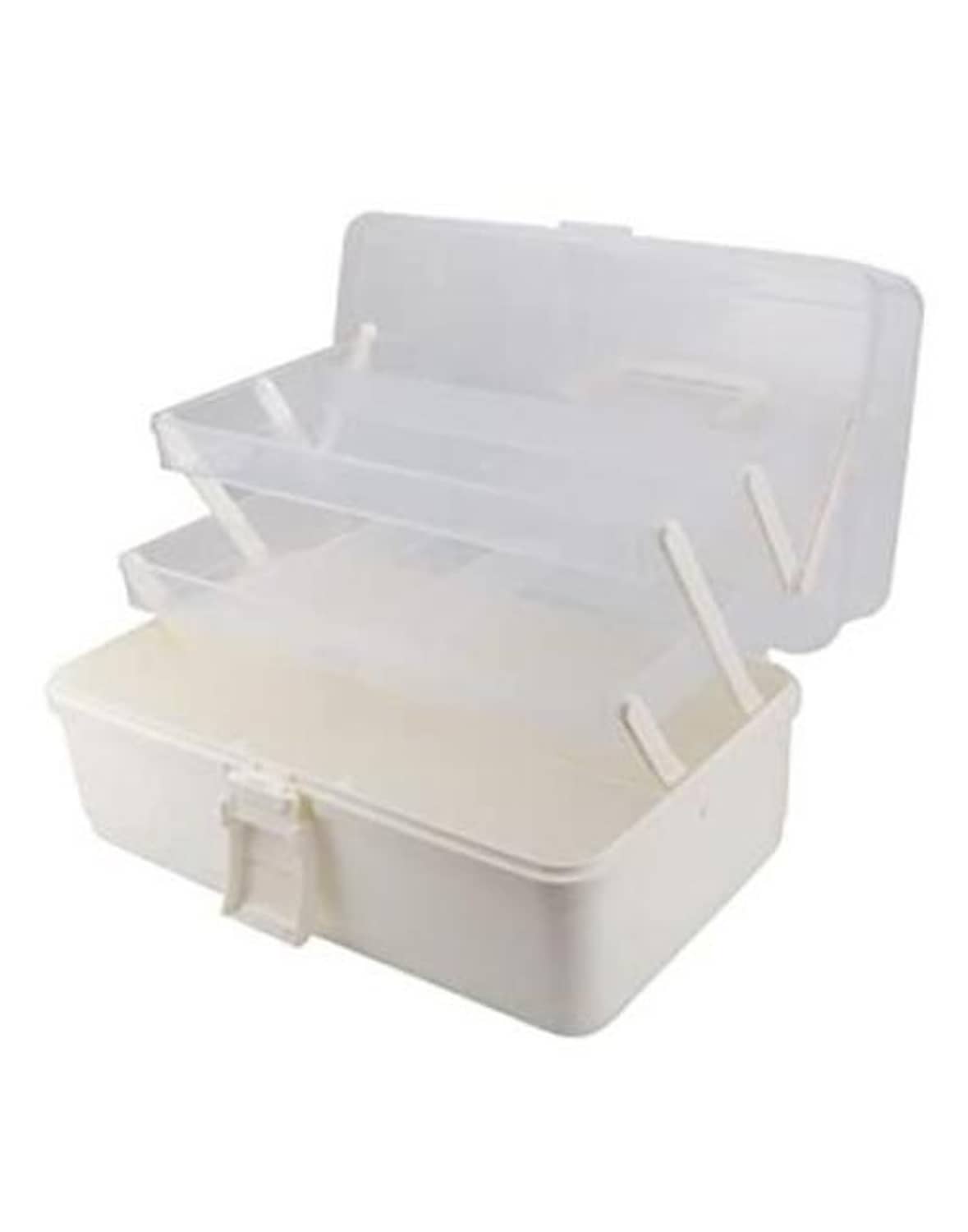Large 3-layer plastic tackle storage box, white, open with hinged lid and dividers