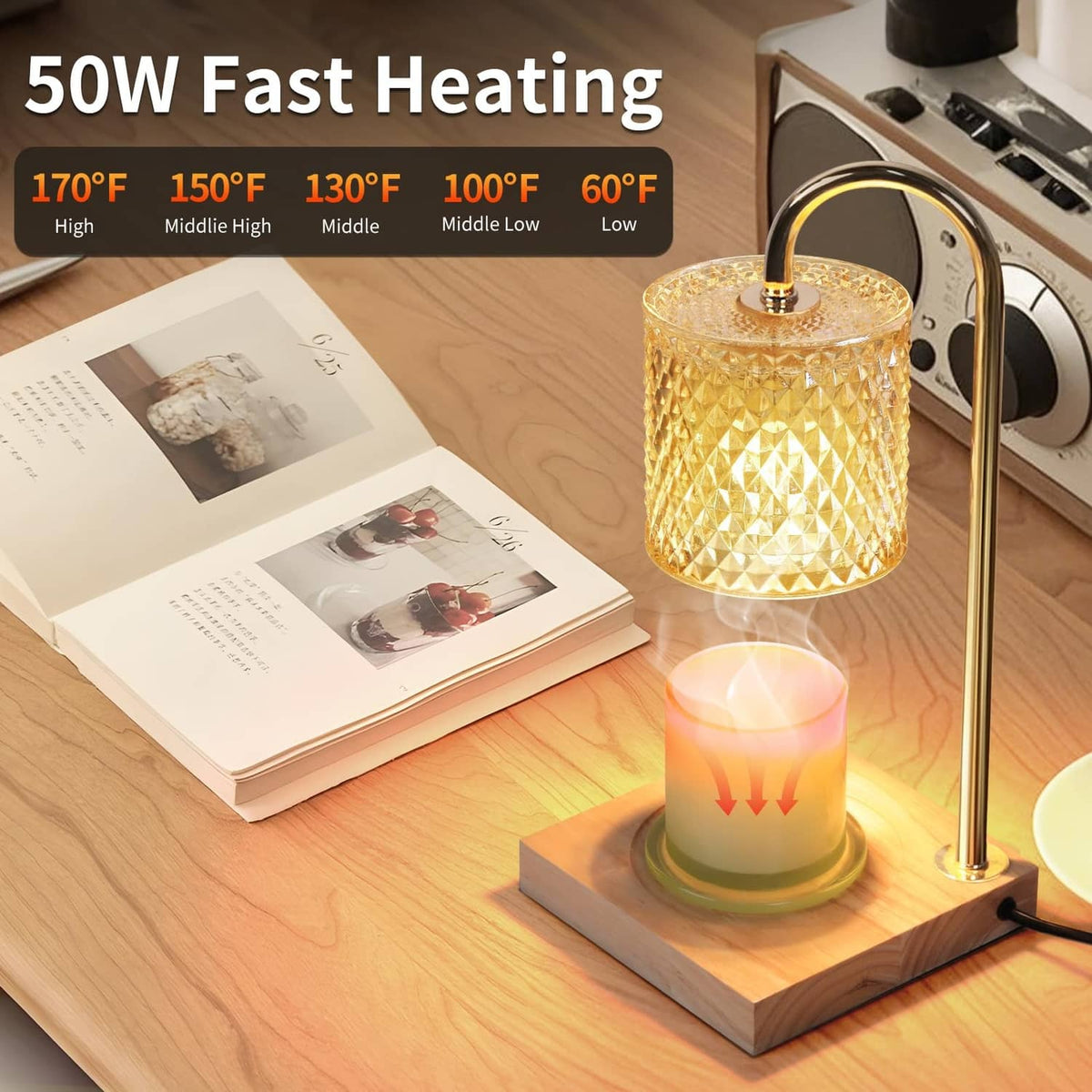 Candle warmer lamp with gold frame, amber textured glass shade, lit candle on wooden base