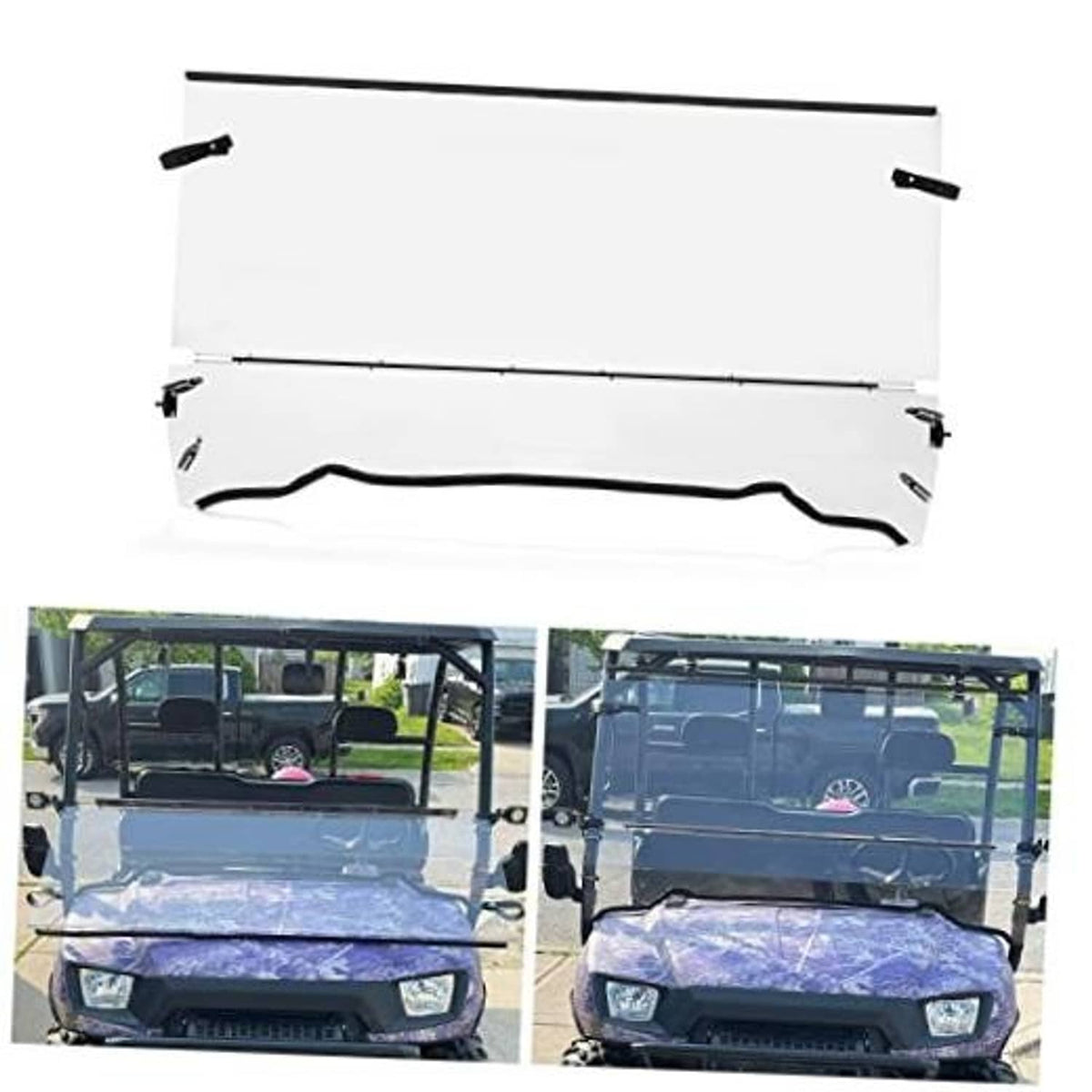 Clear folding windshield panel with mounting brackets and hardware