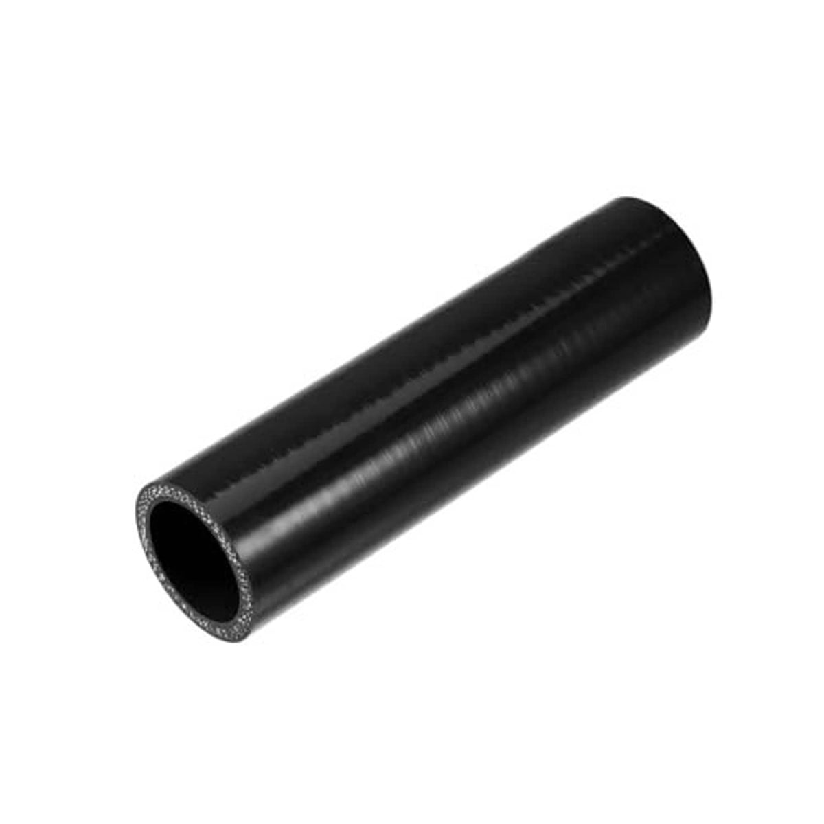 Black reinforced silicone straight coupler hose, angled view with open end.