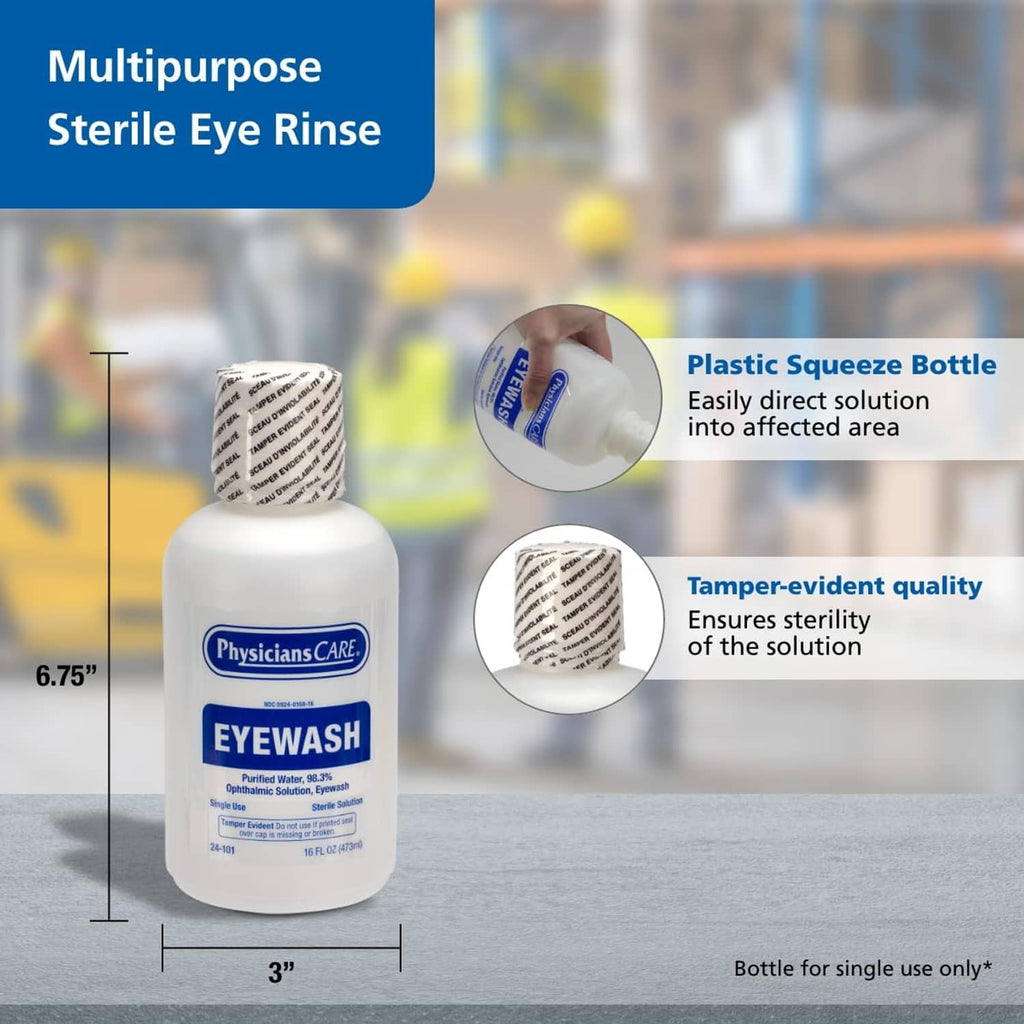 Sterile eye rinse bottle with label, PhysiciansCare Eyewash