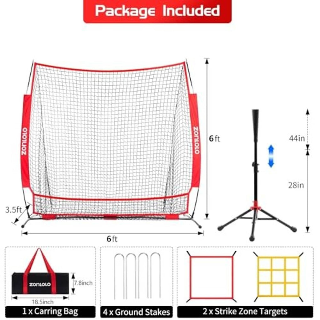 Baseball practice net set with carry bag, ground stakes, and strike-zone targets