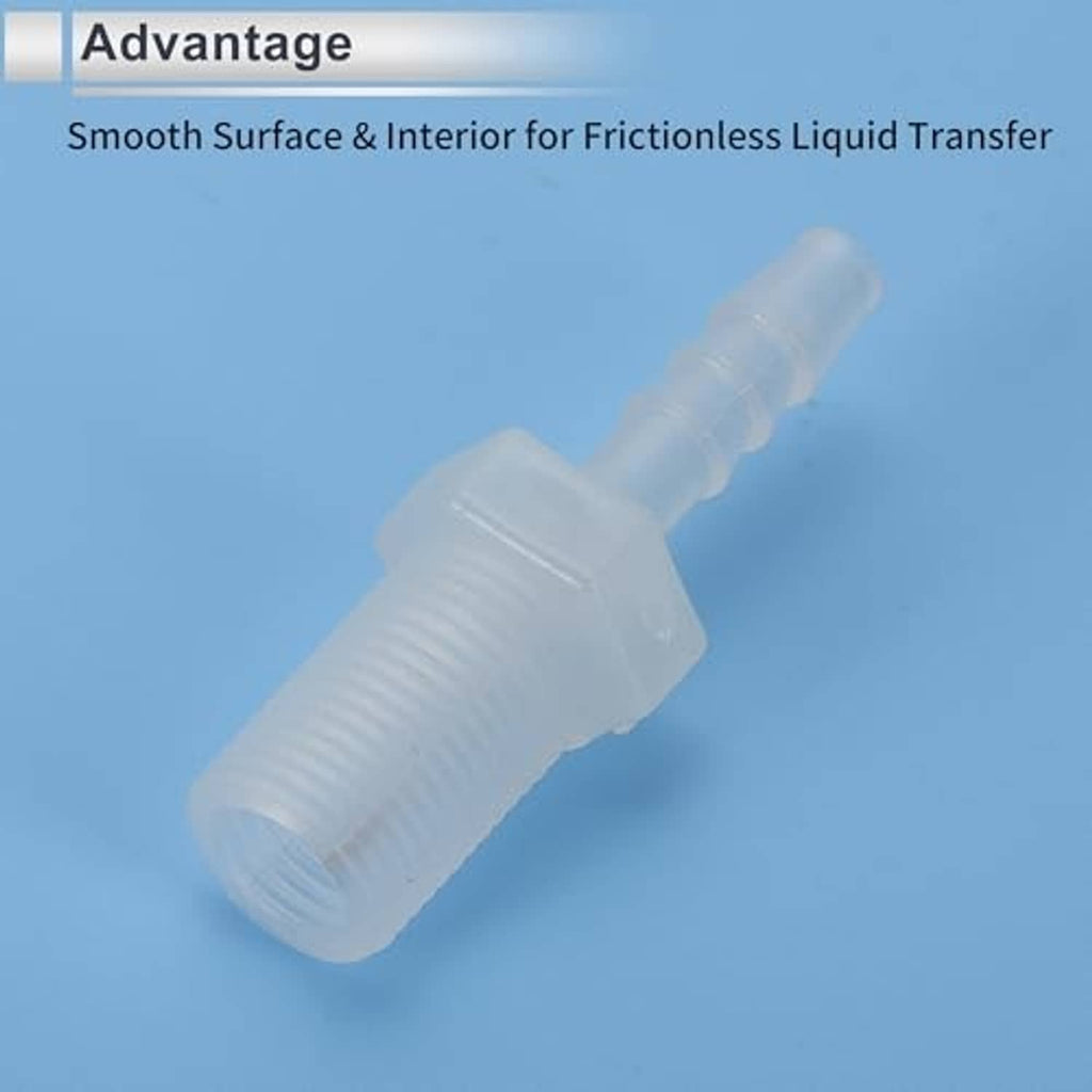 Clear plastic threaded hose barb adapter with smooth interior connector