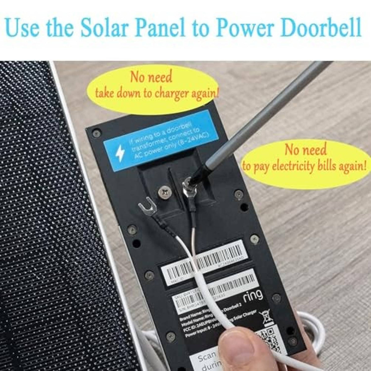 Close-up of solar panel connector and mounting plate with exposed wiring and label