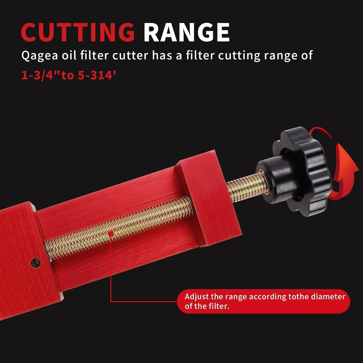 Red oil filter cutter tool showing adjustable cutting range and black adjustment knob