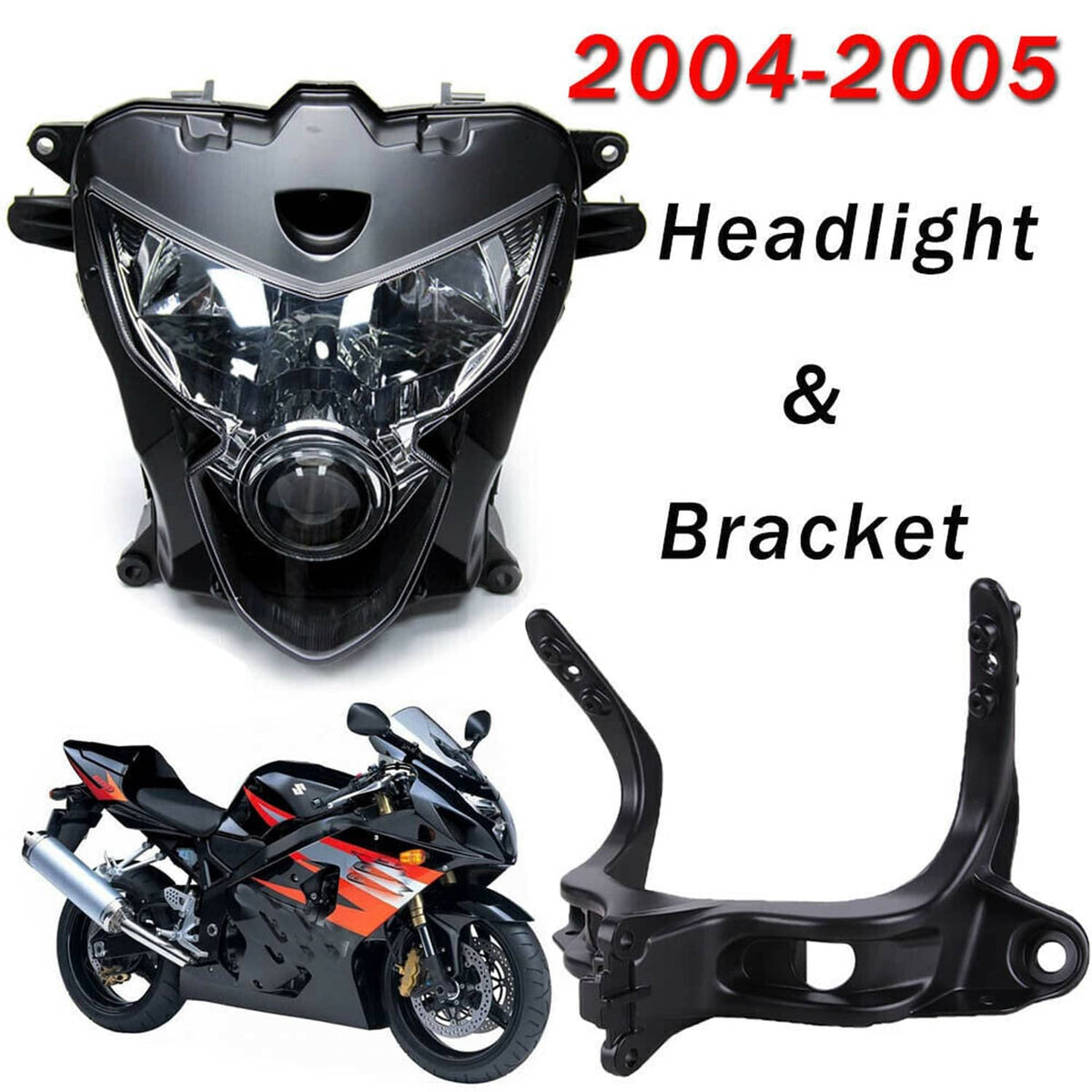 Headlight housing with black upper fairing stay bracket and mounting hardware