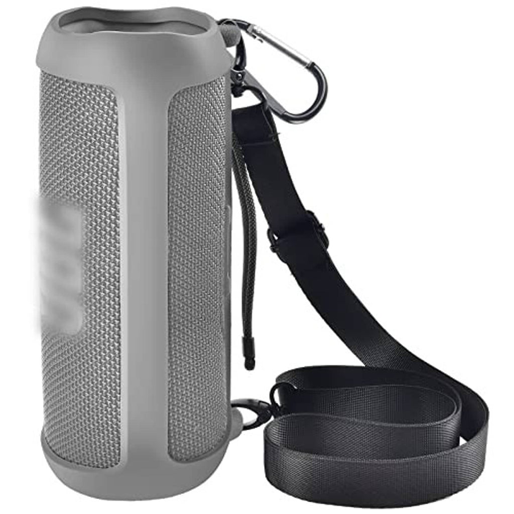 Gray silicone speaker case with strap loop and carabiner clip, open top design