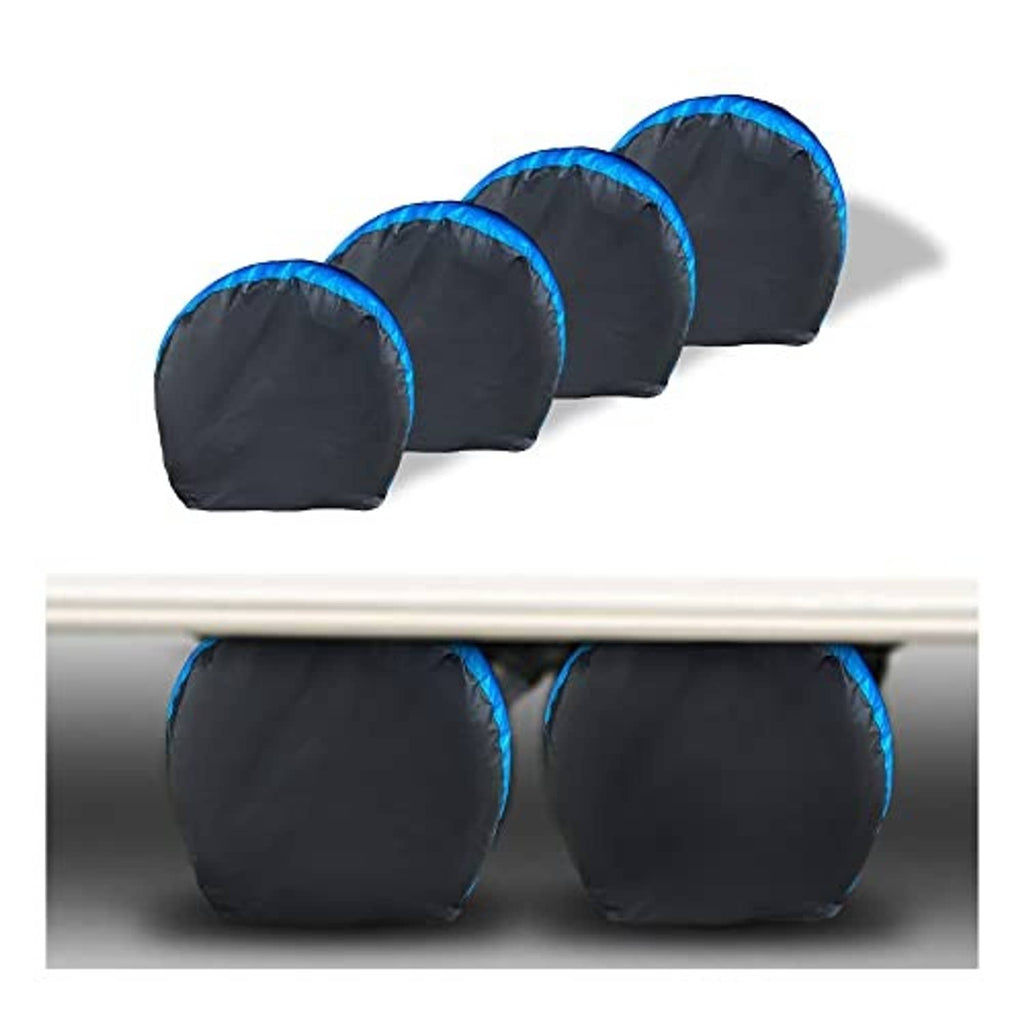 Four blue and black waterproof tire covers, elastic fit design shown in front view