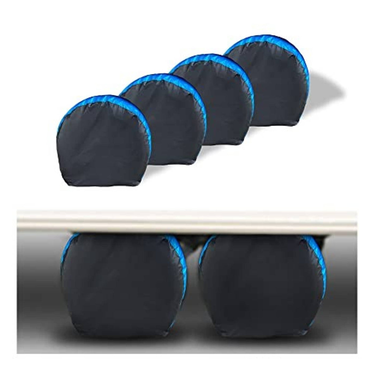 Four blue and black waterproof tire covers, elastic fit design shown in front view