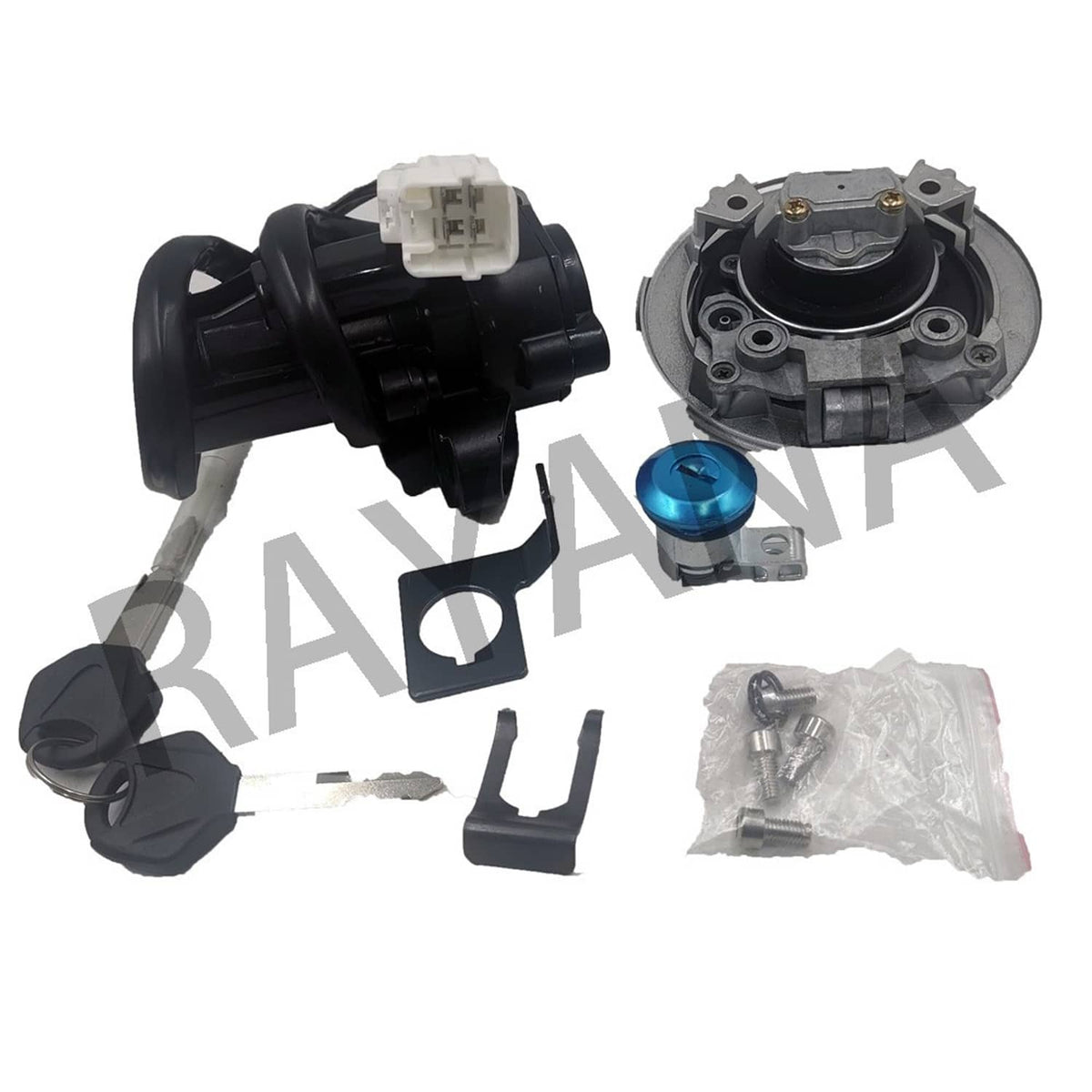 Ignition switch cylinder and gas cap assembly kit with keys, blue cap, and parts