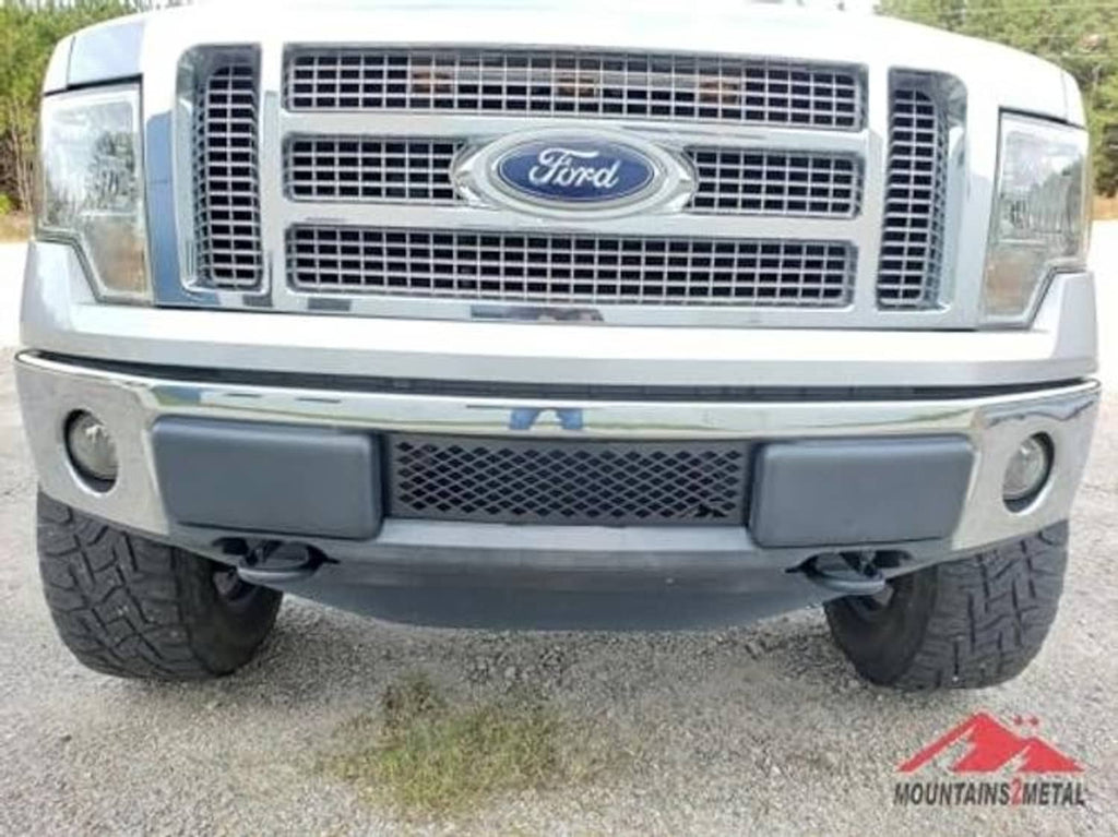 Ford truck front with black diamond-mesh bumper grille insert opening