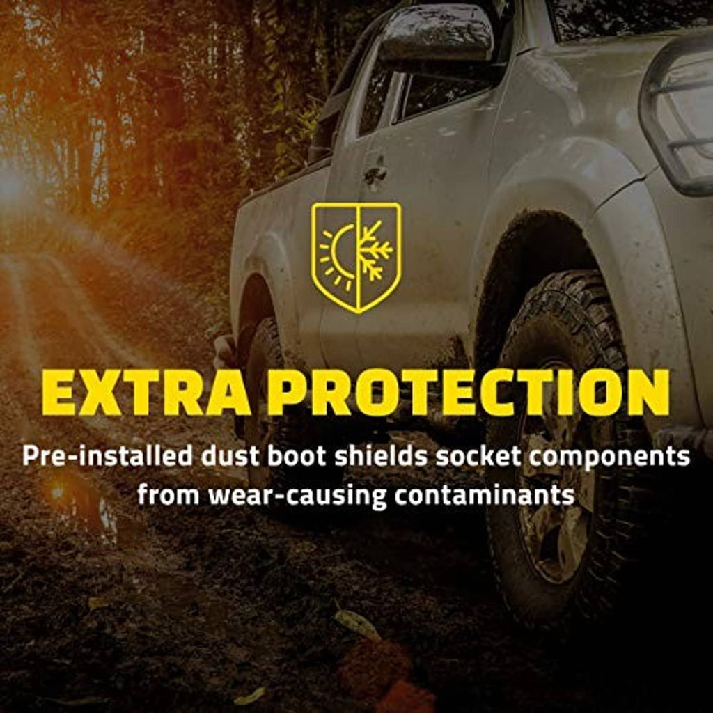 Front upper control arm with ball joint and dust boots, black metal assembly