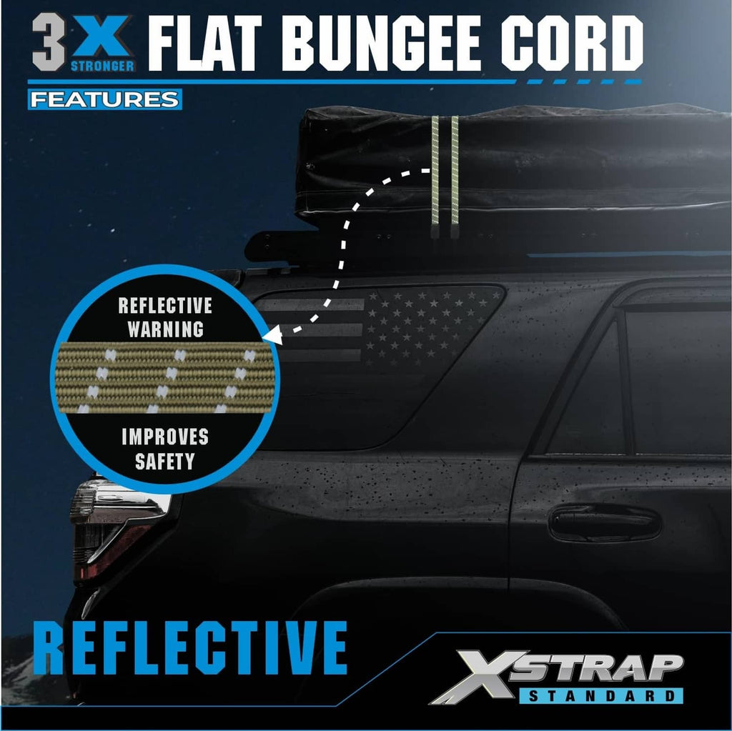 Reflective army green flat bungee cord with black S-hook for improved visibility