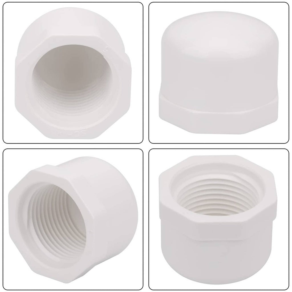 White PVC pipe end caps with female threaded openings, four-pack view