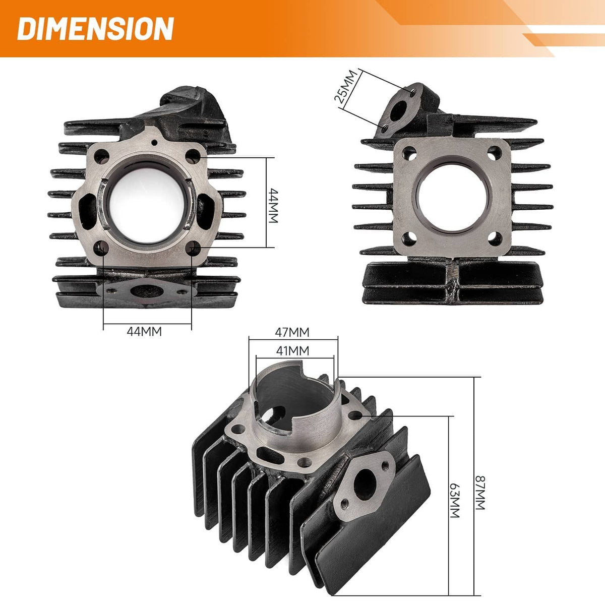 Cylinder head and cylinder block with metal mounting plate, shown with size measurements