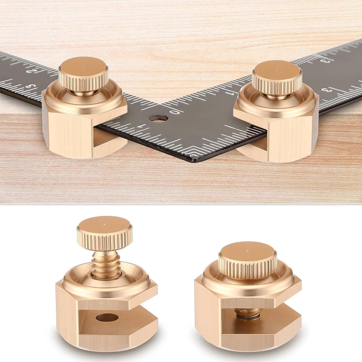 Two gold stair gauge clamps attached to a black framing-square measuring tool on wood