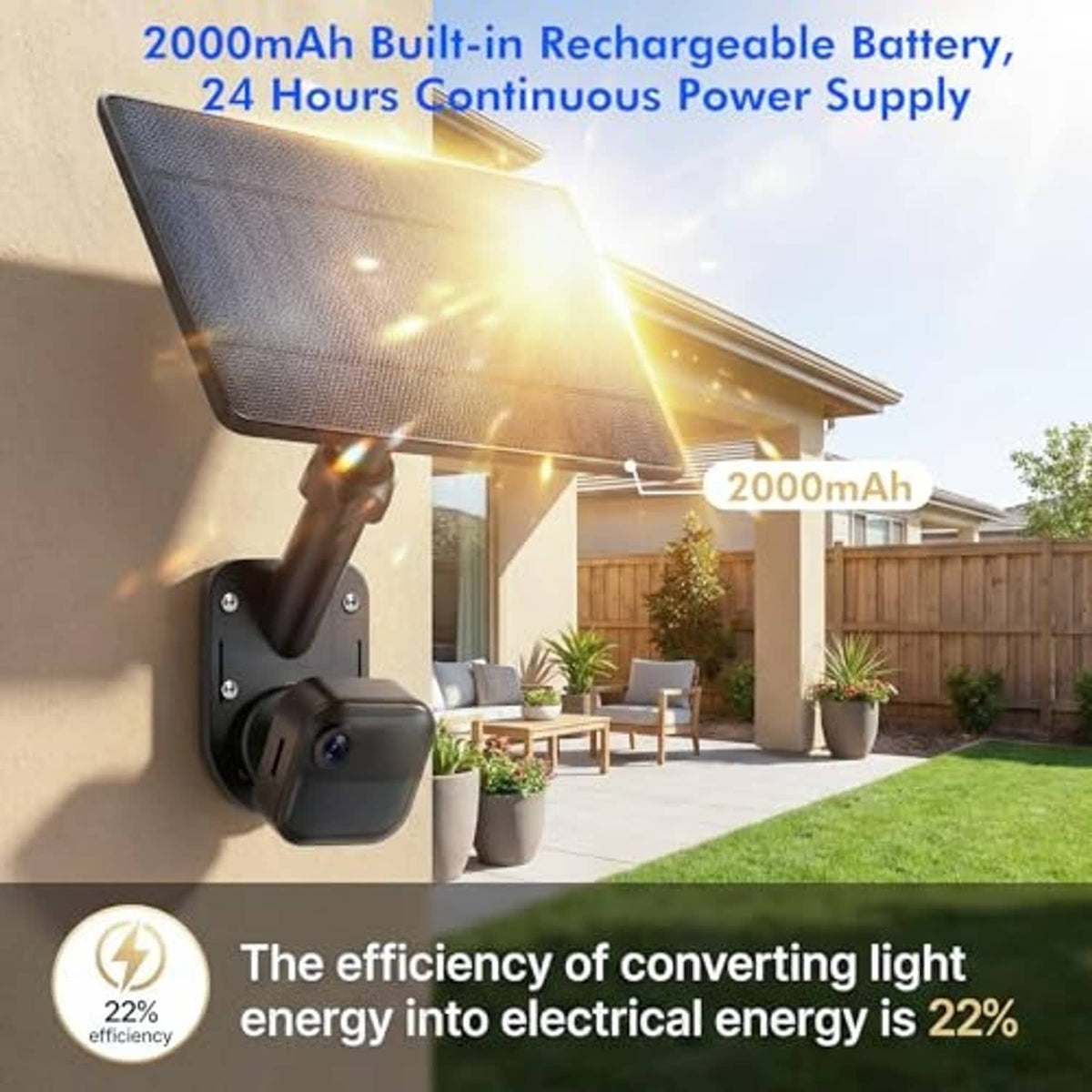 Solar panel charging mount powering a black security camera with built-in battery