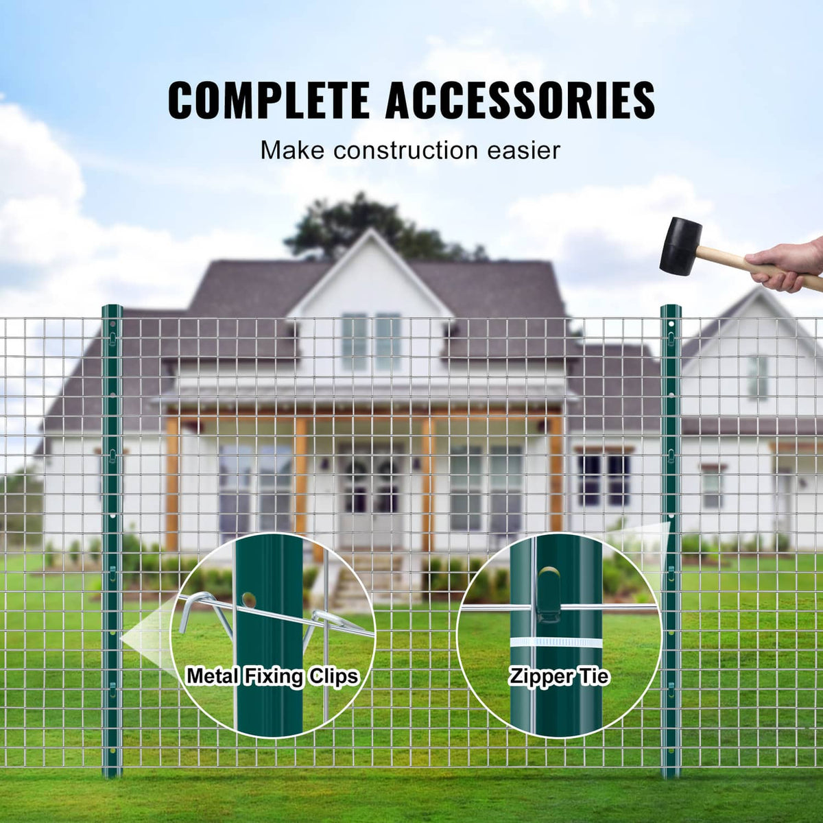 Green metal fence posts with metal fixing clips and zipper ties for chain-link fencing