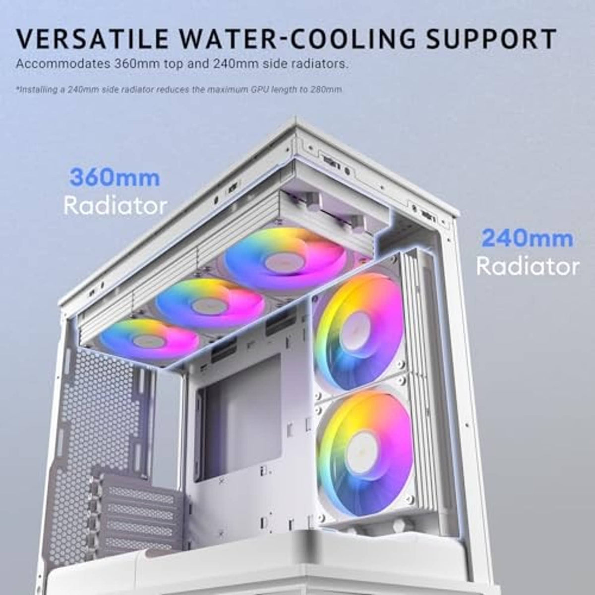 White compact microATX PC case with top radiator support and multiple ARGB fans