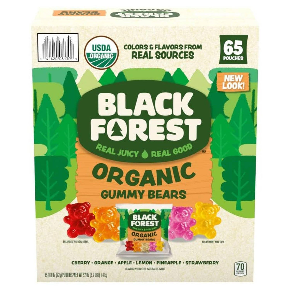 Organic gummy bear pouch front view with colorful bear gummies and USDA Organic seal.