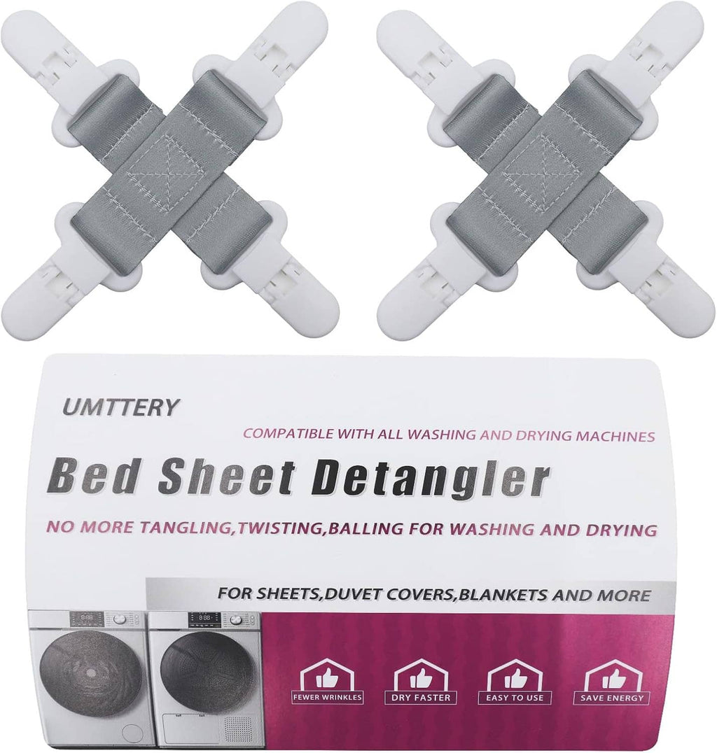 Bed sheet detangler clips set in white and gray, shown with two cross-shaped clamps