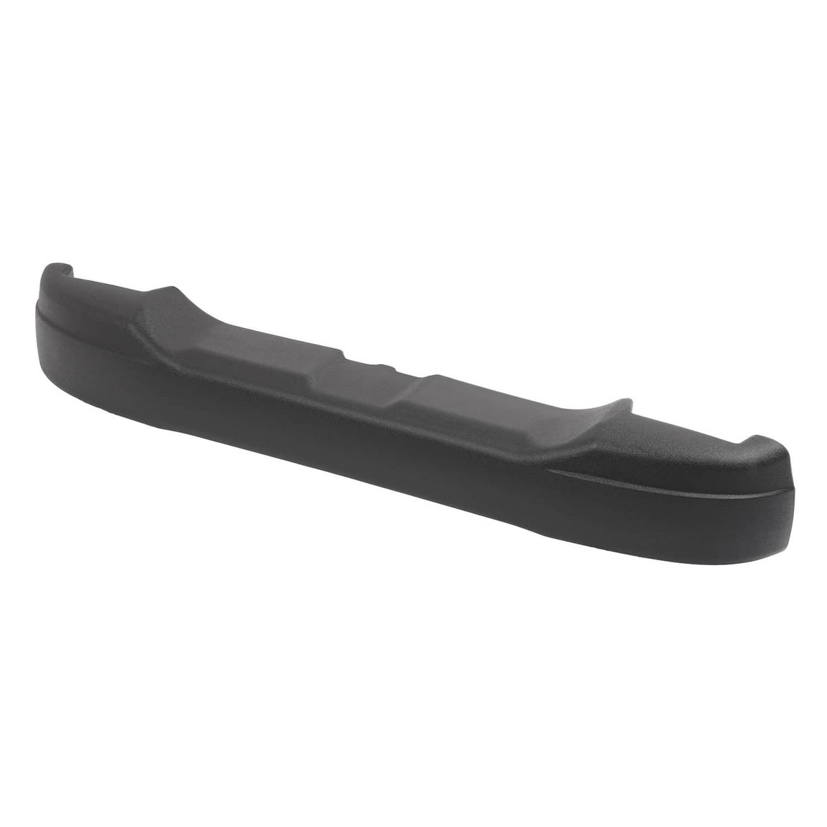 Dark gray rear bumper cover, angled side view with continuous molded ribs