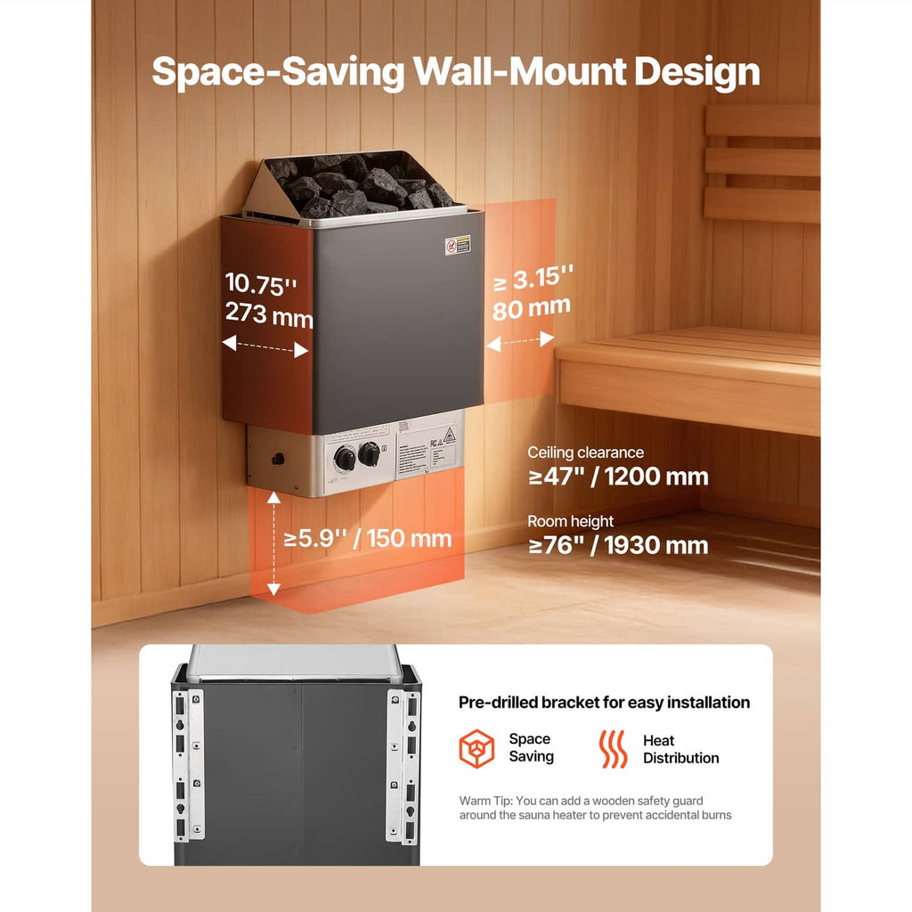 Compact wall-mounted electric sauna heater with vented top cover