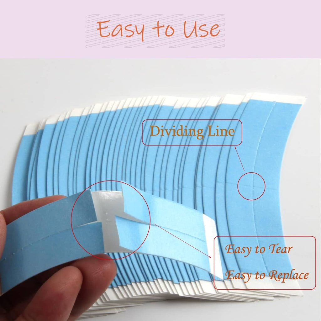 Blue curved wig tape strips with visible dividing line and tear edge detail