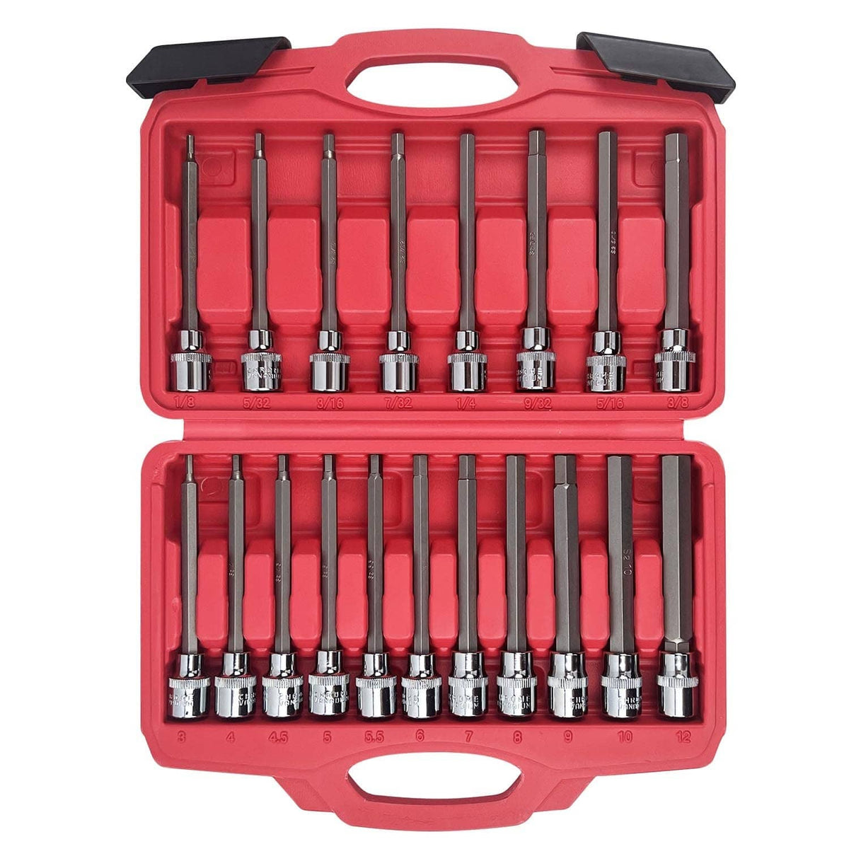 Red plastic hex socket set case open, showing multiple chrome Allen sockets.