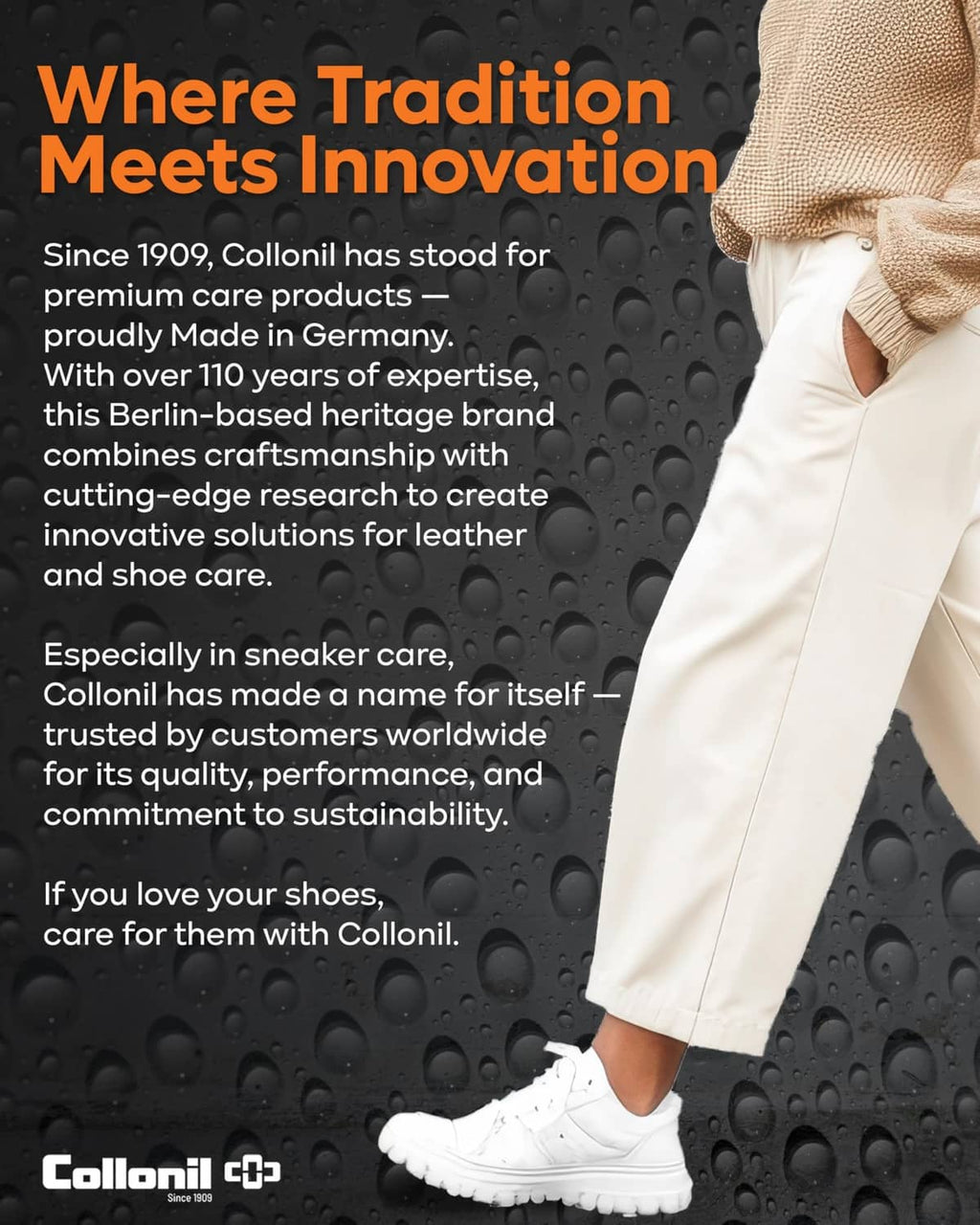 Collonil shoe care promotion with spray products and white sneakers