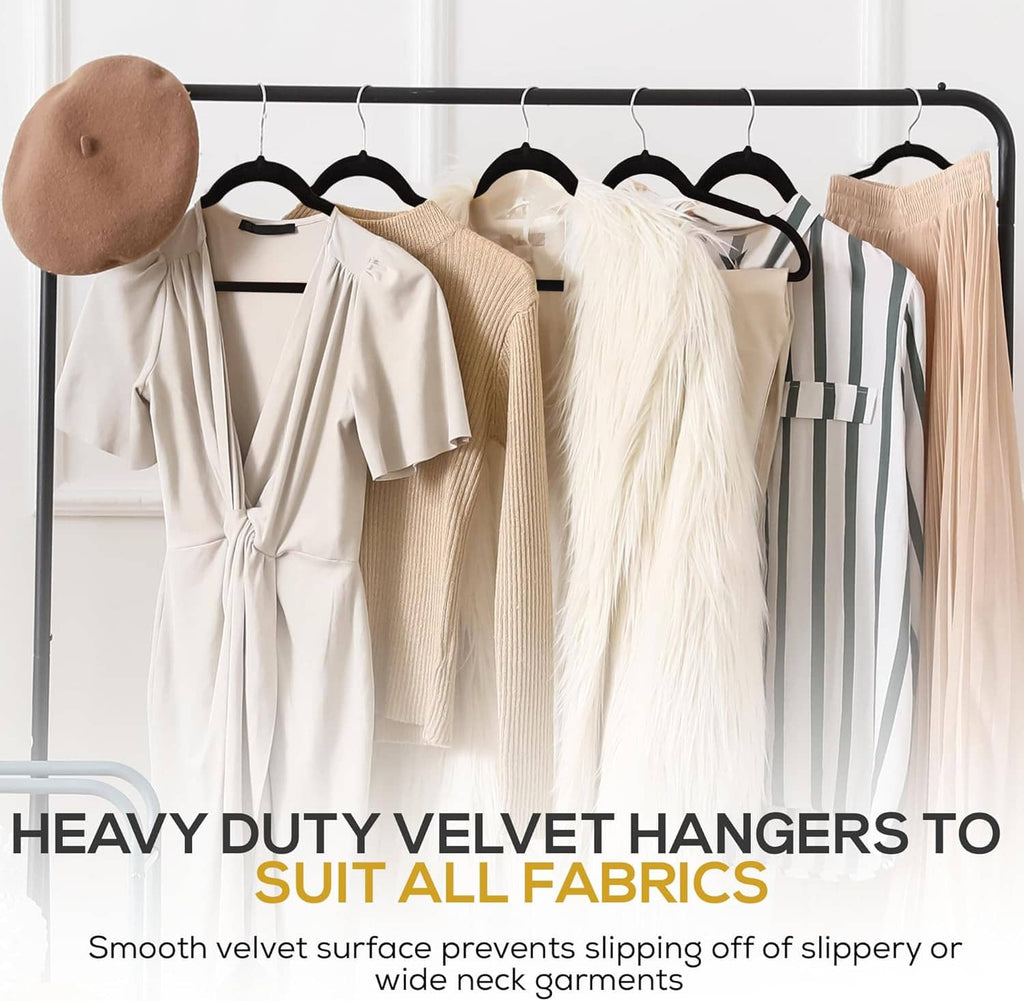 Velvet hangers holding shirts on a bar rack, thin non-slip profiles for clothing