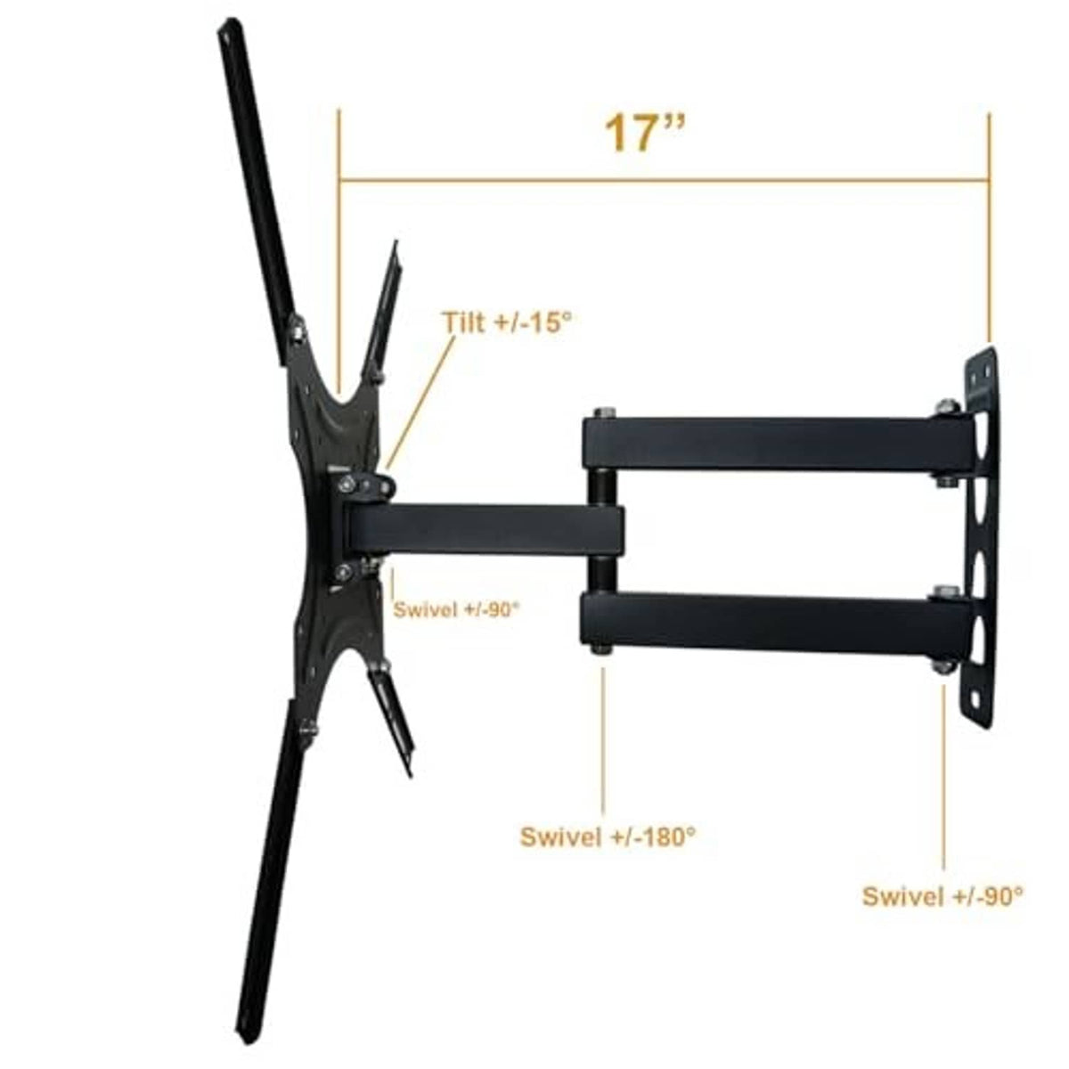 Articulating TV wall mount bracket with tilt and swivel joints, black.