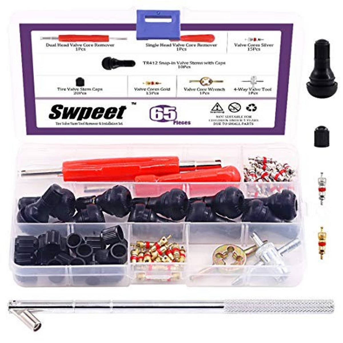 Tire valve stem tool set with snap-in valve caps, remover tool, and small brass fittings