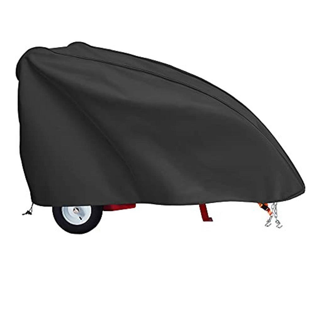 Black heavy-duty log splitter cover with straps and tie points, draped over the machine