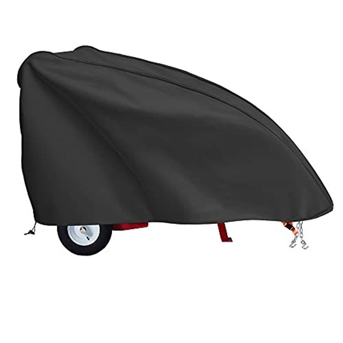 Black heavy-duty log splitter cover with straps and tie points, draped over the machine
