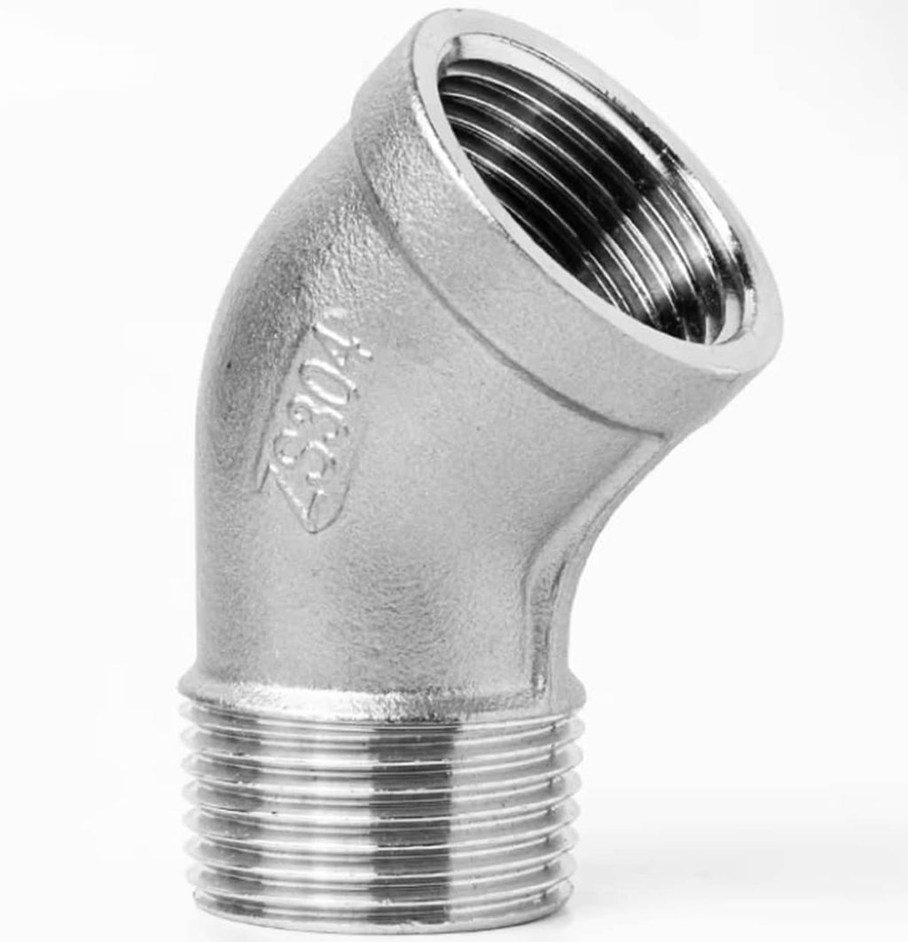 304 stainless steel 45-degree elbow pipe fitting showing NPT male threads and inlet opening