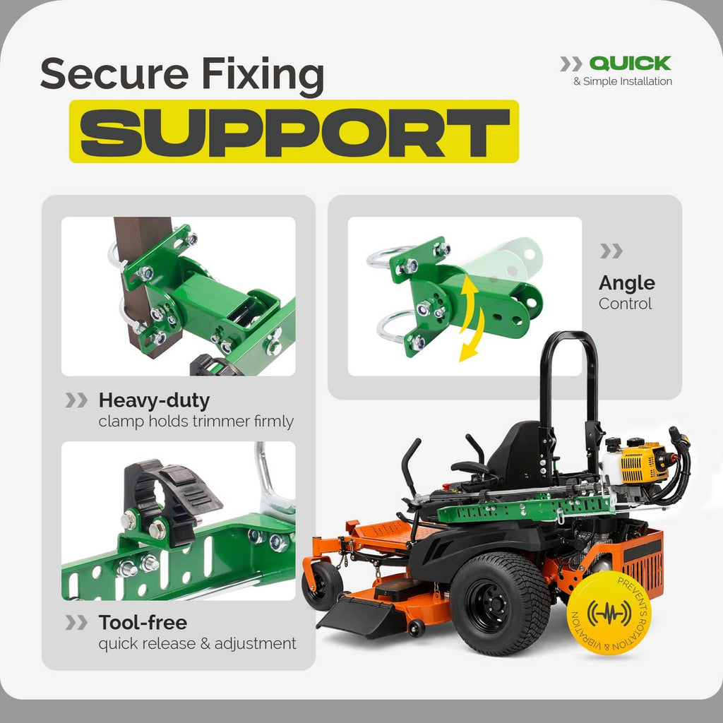 Green trimmer holder rack showing secure clamp and angle control mechanism