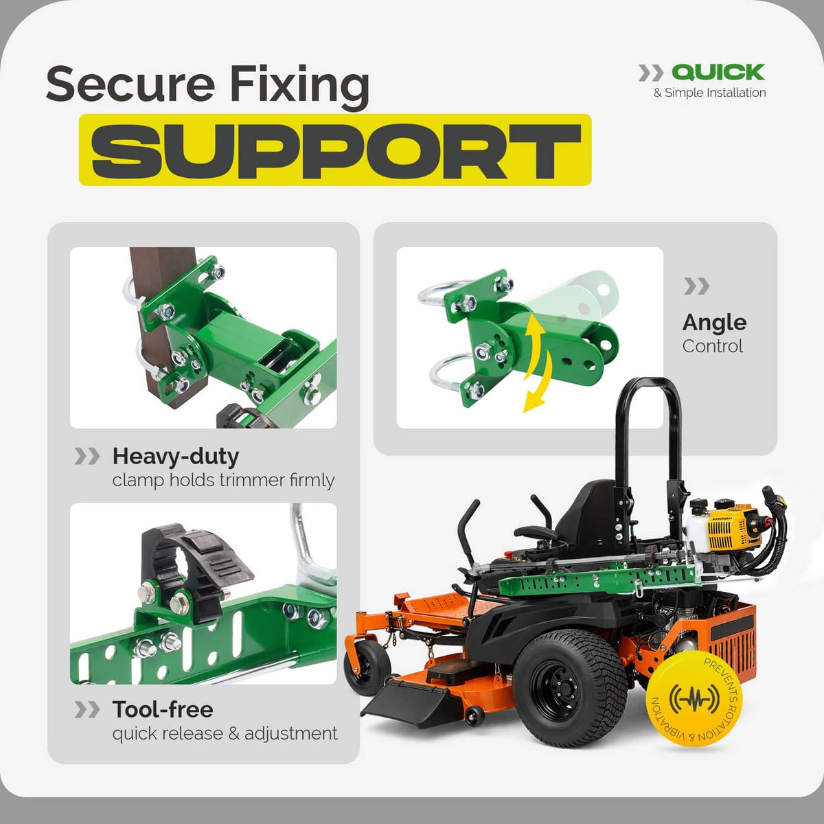 Green trimmer holder rack showing secure clamp and angle control mechanism