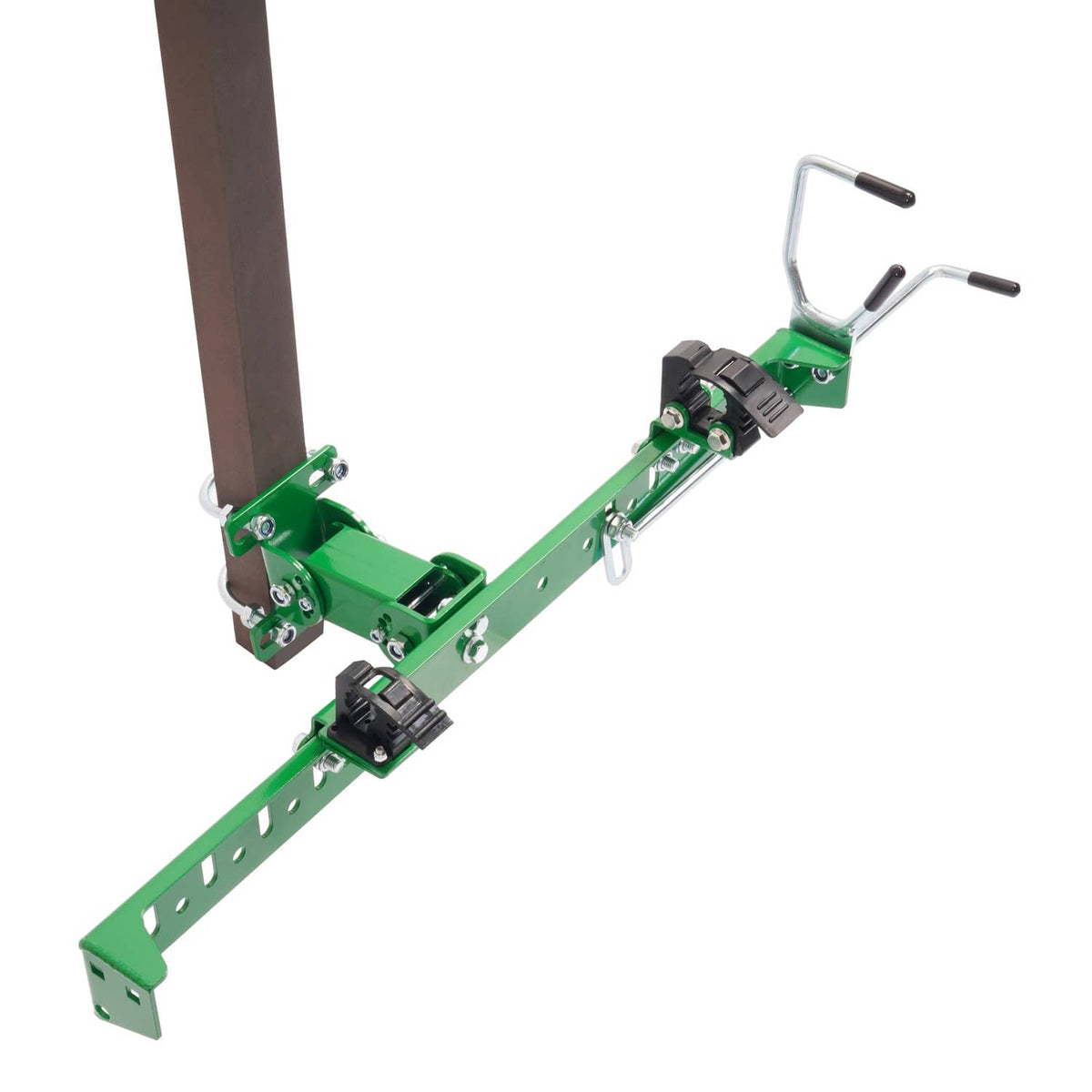 Green mounting bracket with black clamp heads and silver U-shaped support rods