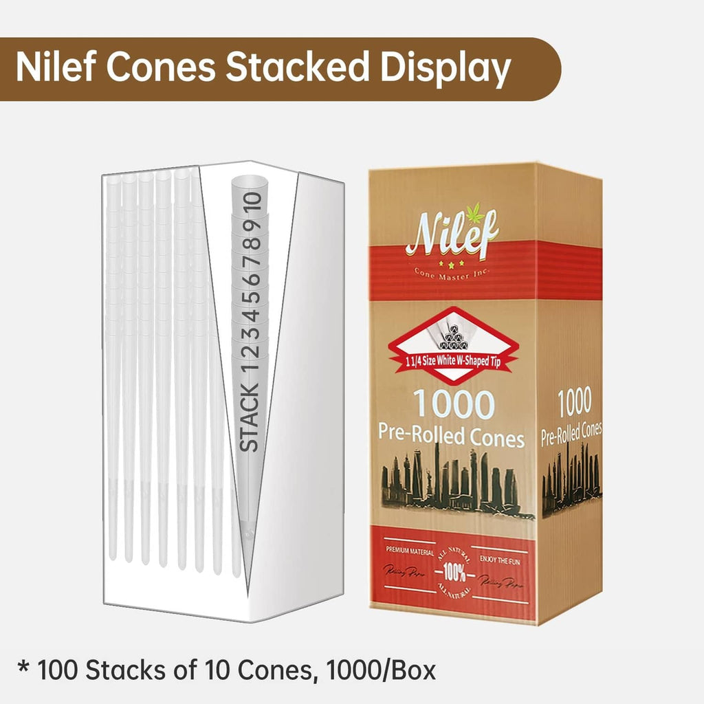 White pre-rolled cones stacked in a box, with cone pack display