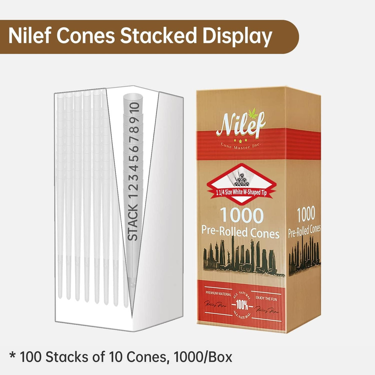 White pre-rolled cones stacked in a box, with cone pack display