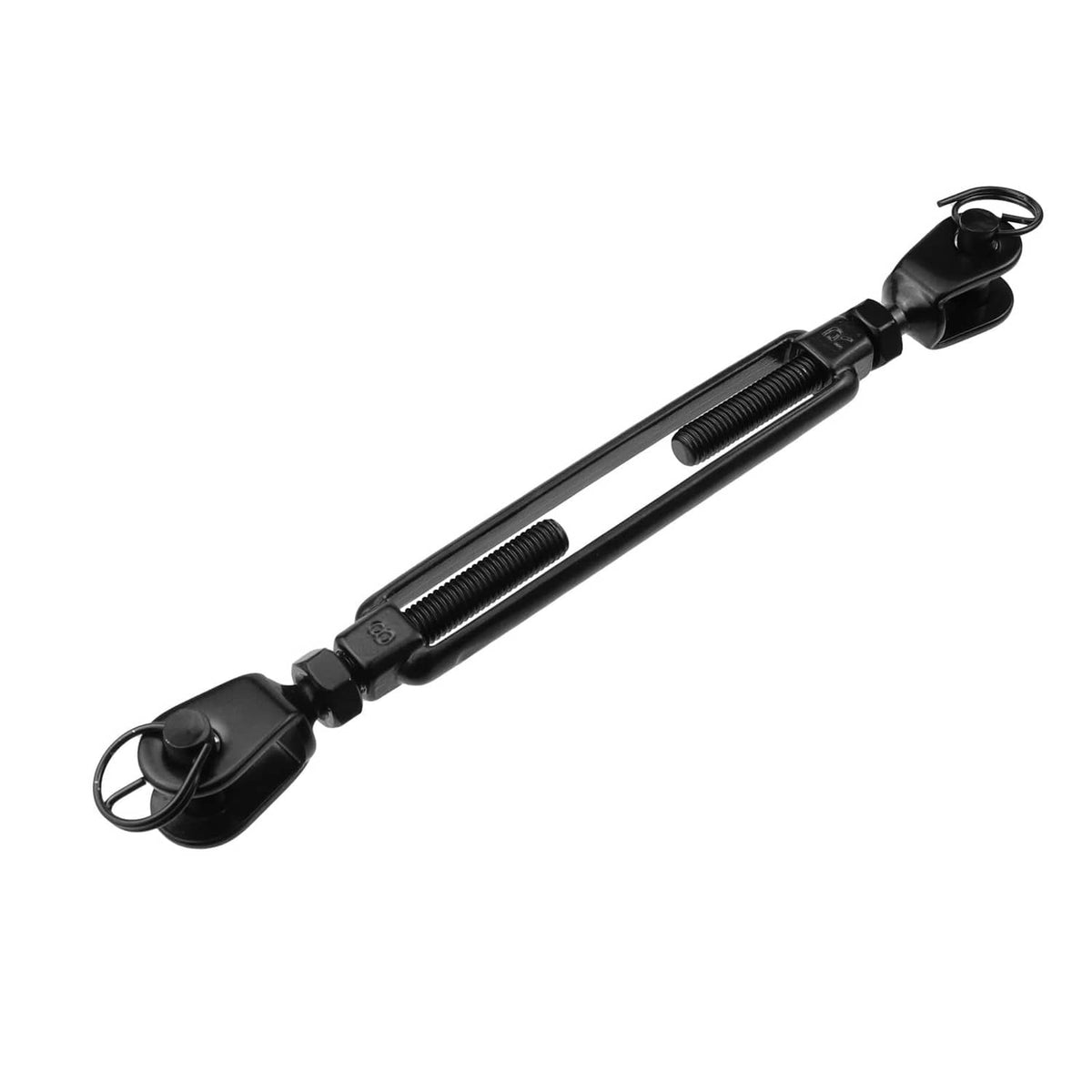 Black M8 turnbuckle hook with two threaded rods and looped jaw rings