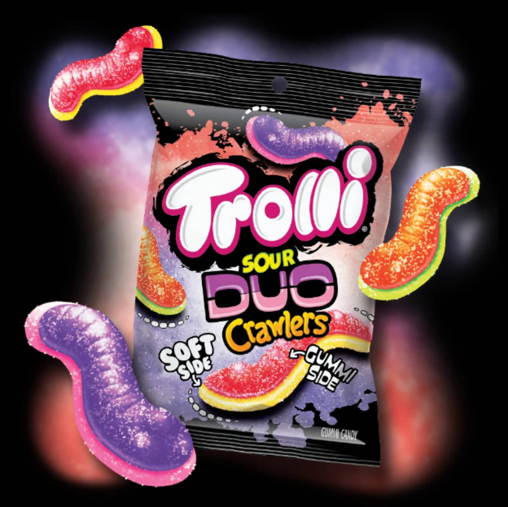 Sour gummi crawlers candy bag with gummi crawler candies around it