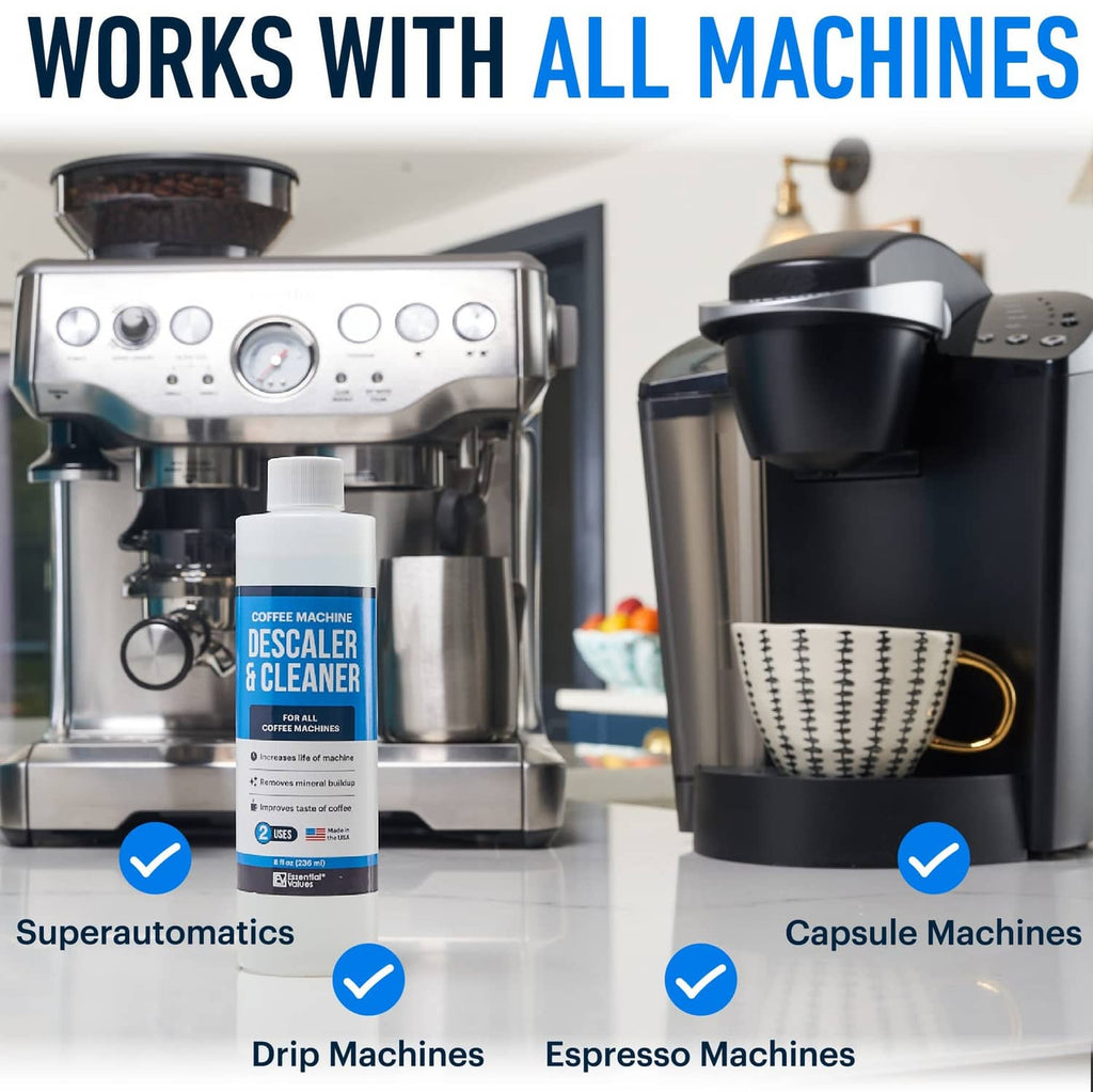 Coffee machine descaler & cleaner bottle with compatibility icons for multiple machine types