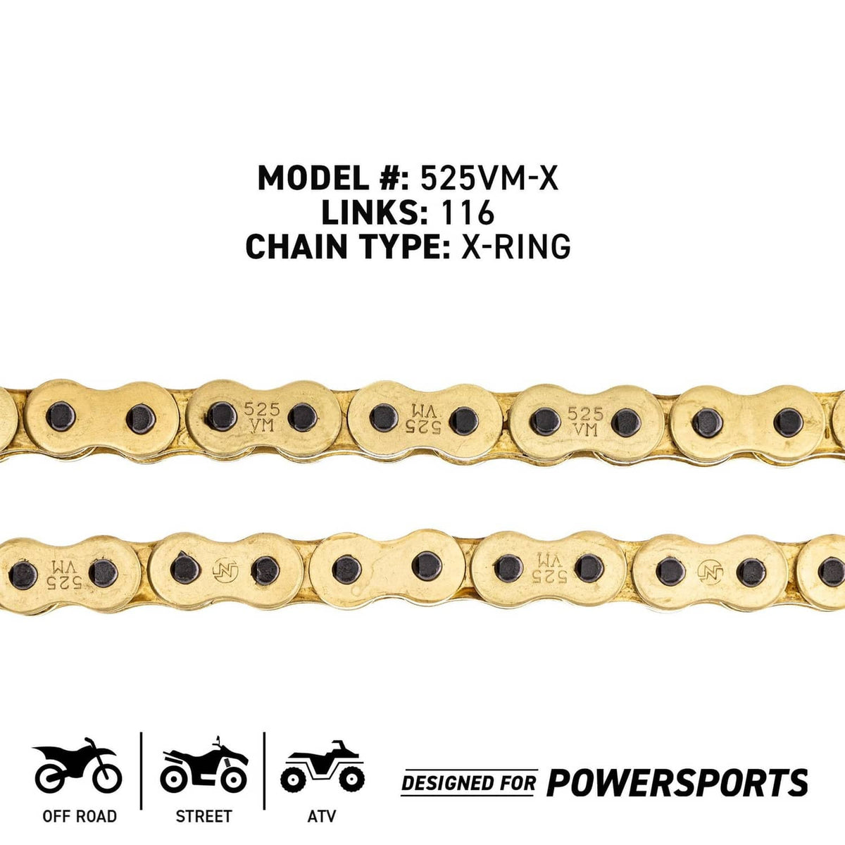 Gold X-ring drive chain, 116 links, shown stretched with powersports icons