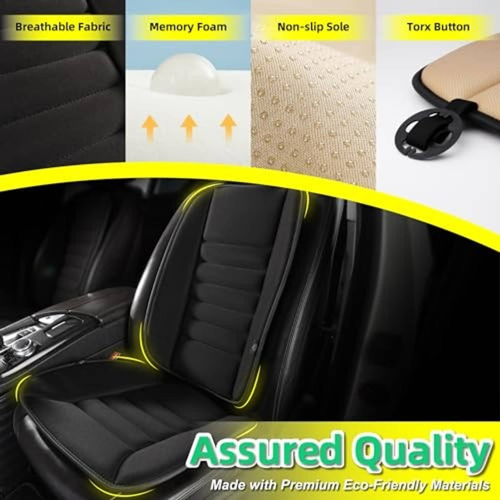 Black car seat cushion with back support, breathable fabric and memory-foam layers
