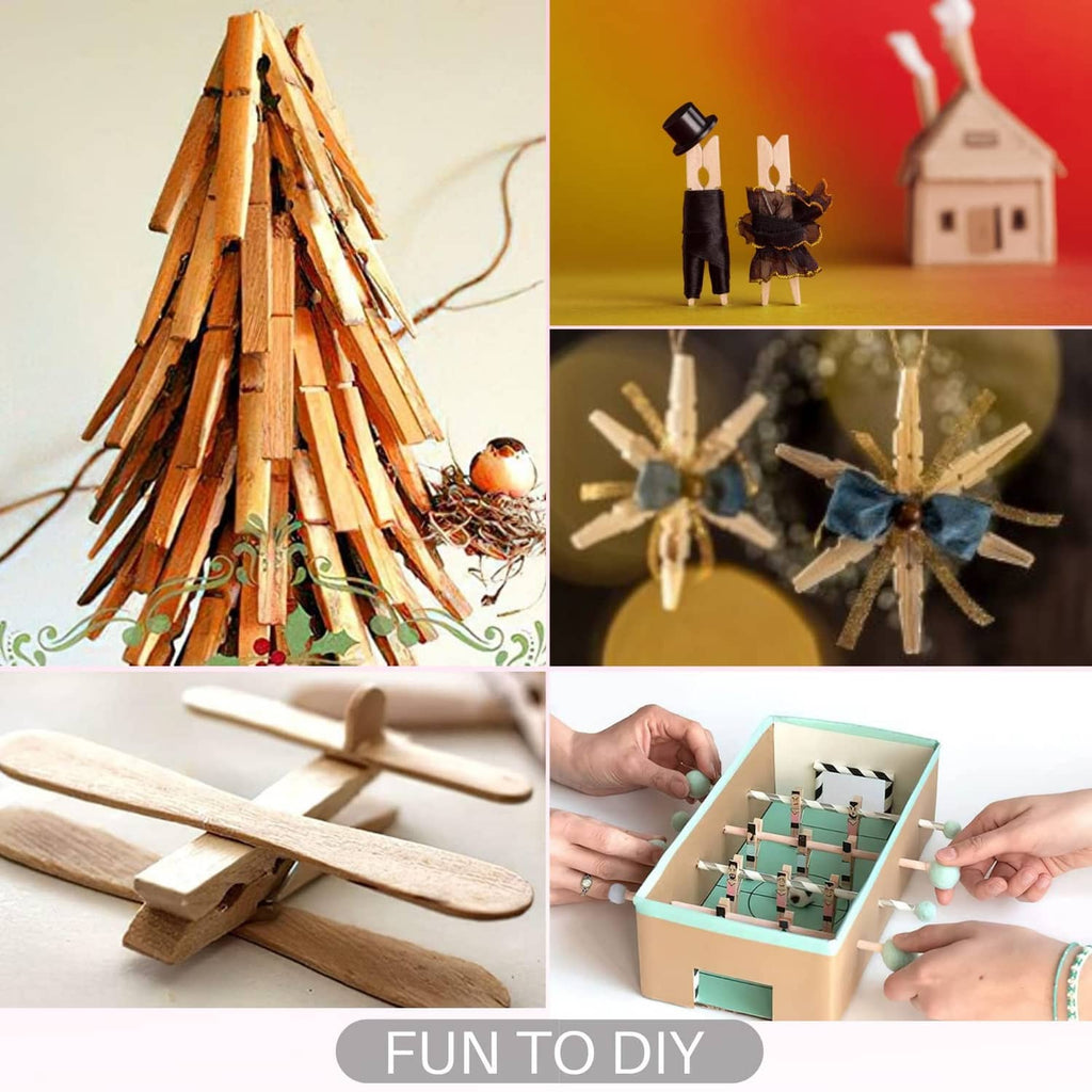 Wooden mini clothespins with metal springs, shown laid out for crafts