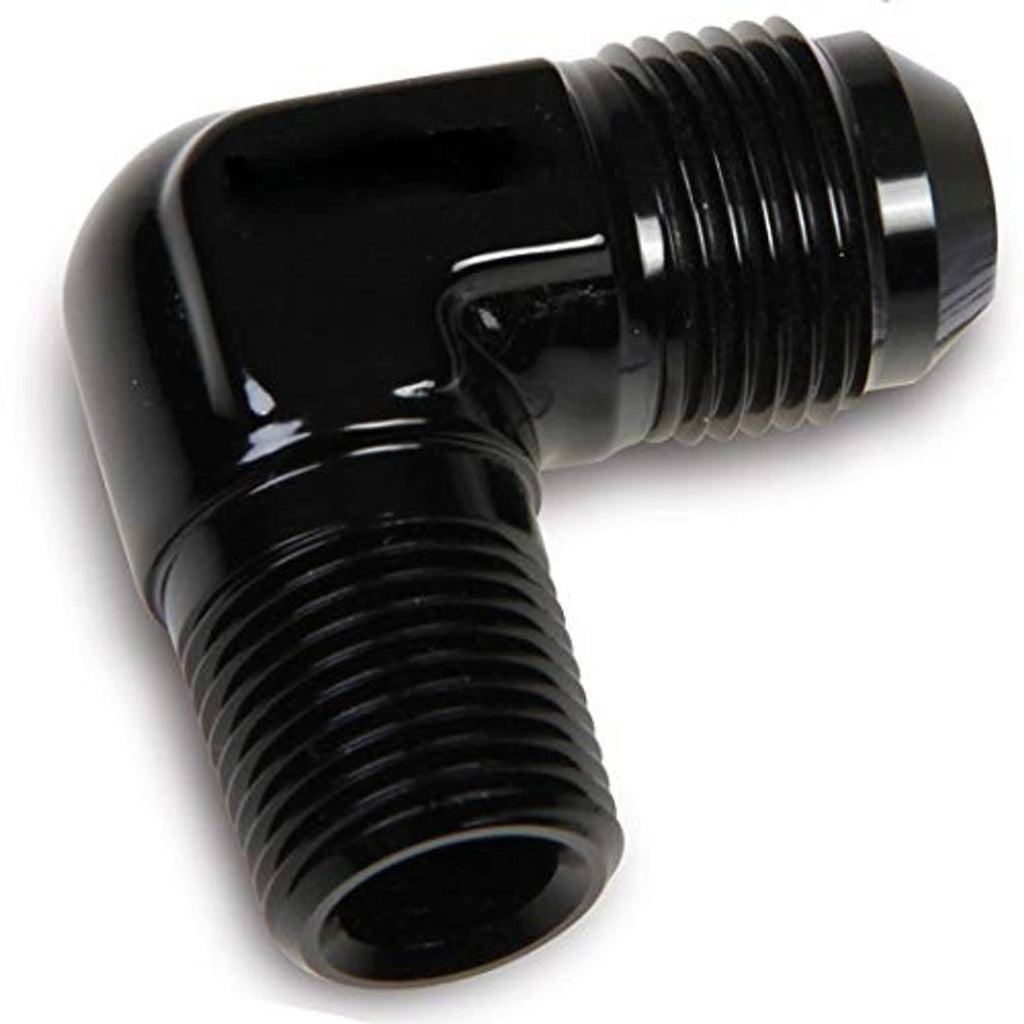 Black 90-degree threaded pipe hose adapter fitting, curved elbow with straight section