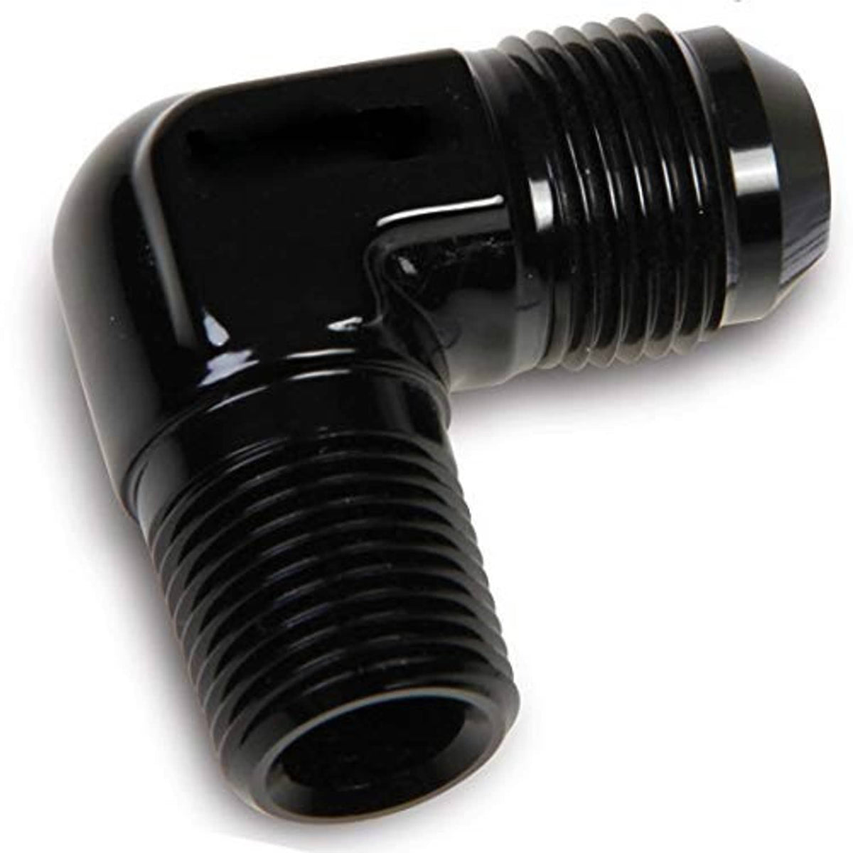 Black 90-degree threaded pipe hose adapter fitting, curved elbow with straight section